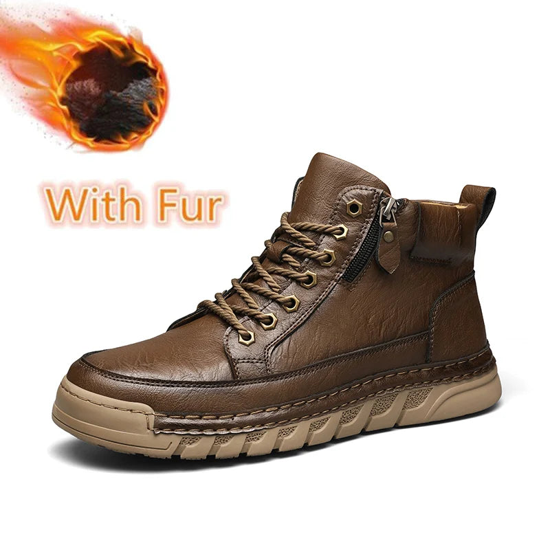Men's High Top Leather Ankle Boots Comfortable Motorcycle Boots Non Slip Walking Training Shoes Botas Outdoor Treking Footwear