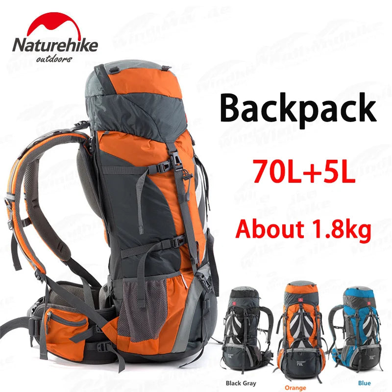 Naturehike 70+5L Backpack Camping Hiking Trekking Backpacking Lightweight Travel Bag With Aluminium Alloy Frame Waterproof Cover