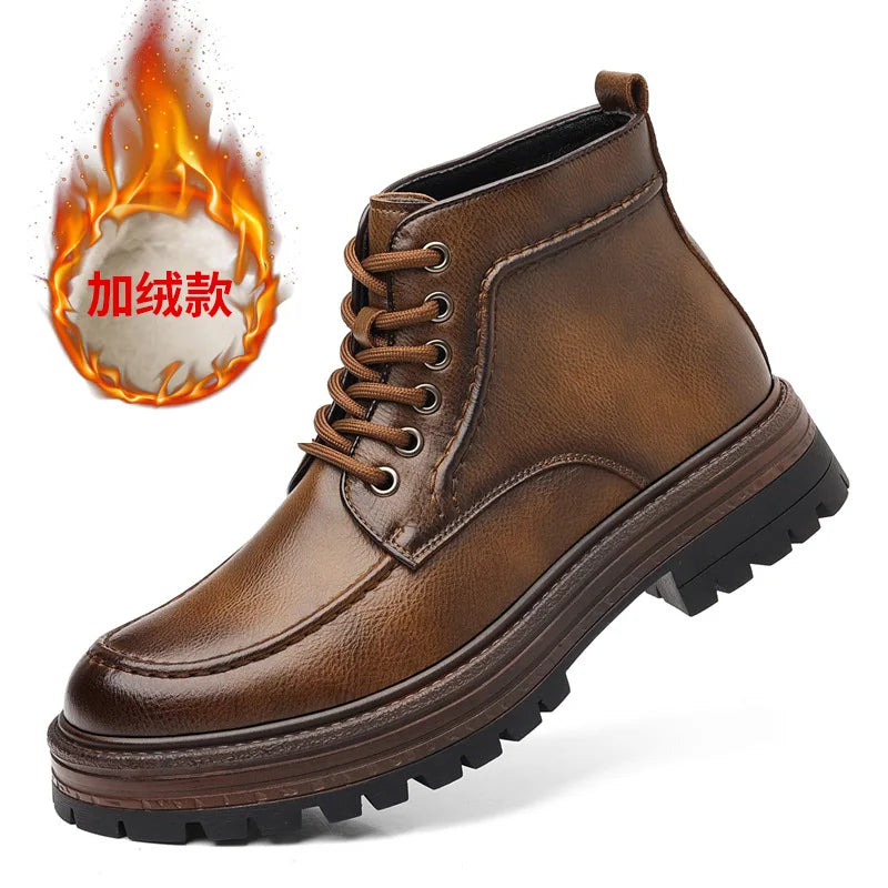 2025 Autumn Winter New Platform Boots for Men Keep Warm Fashion Casual Ankle Boot Male Solid Color Outdoor Cow Leather Shoes Man