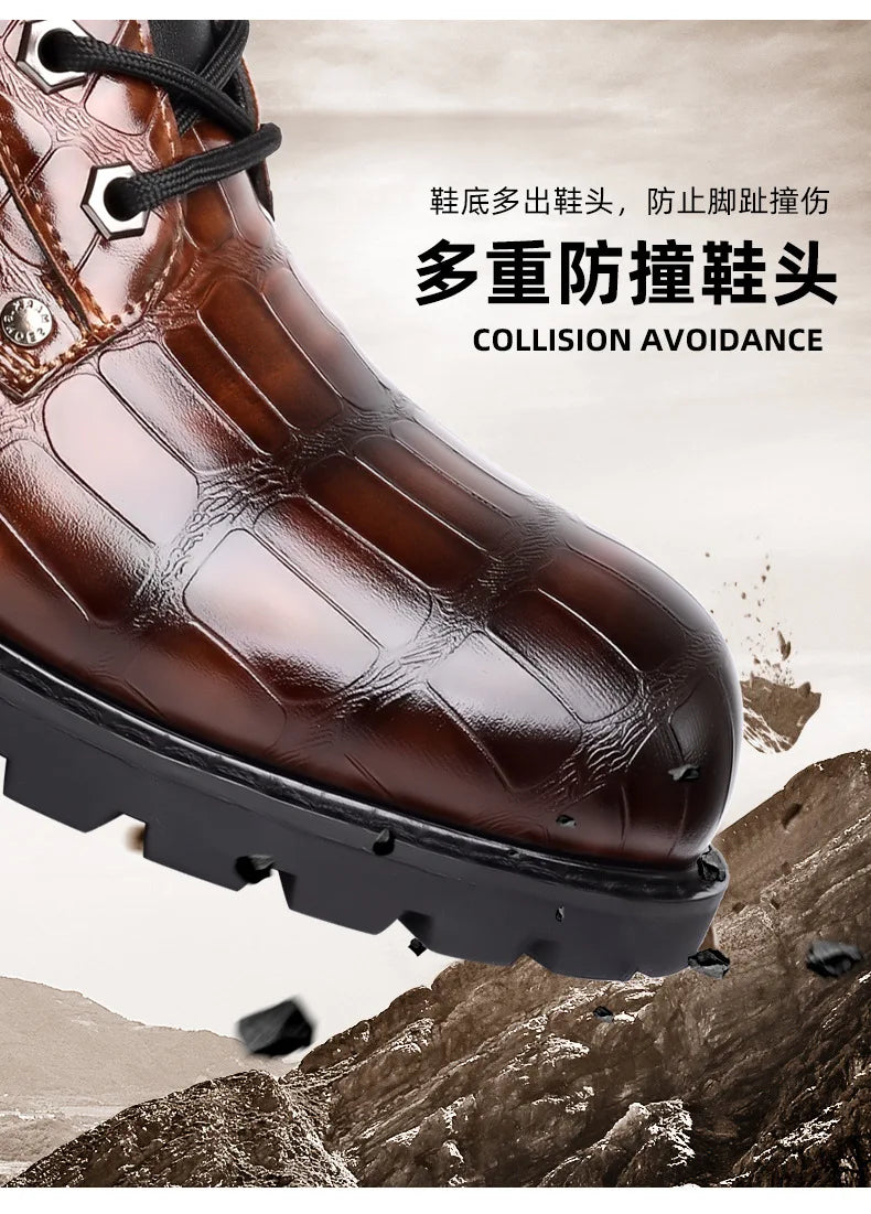 Size 38-48 Classic Design New Men's Ankle Boots Handsome Thick Sole Patent Leather Crocodile Lines Men's Short Motorcycle Boots