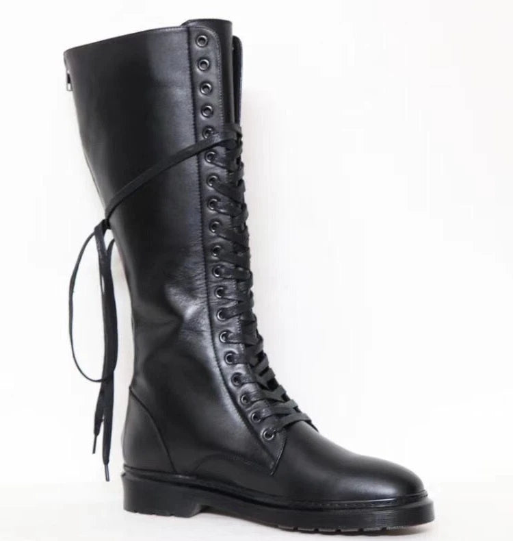 Lace Up Cowhide Knight Boots for Men Black Genuine Leather High Boots Back Zipper Over The Knee Motorcycle Boots Winter Shoes