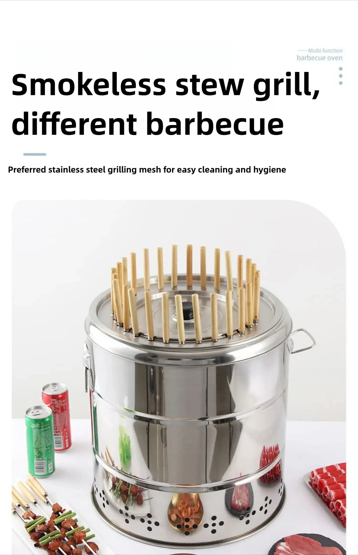 Smokeless Barrel BBQ Grill, Charcoal Rotisserie for Home, Commercial, Outdoor Meat Skewer, Portable Roaster