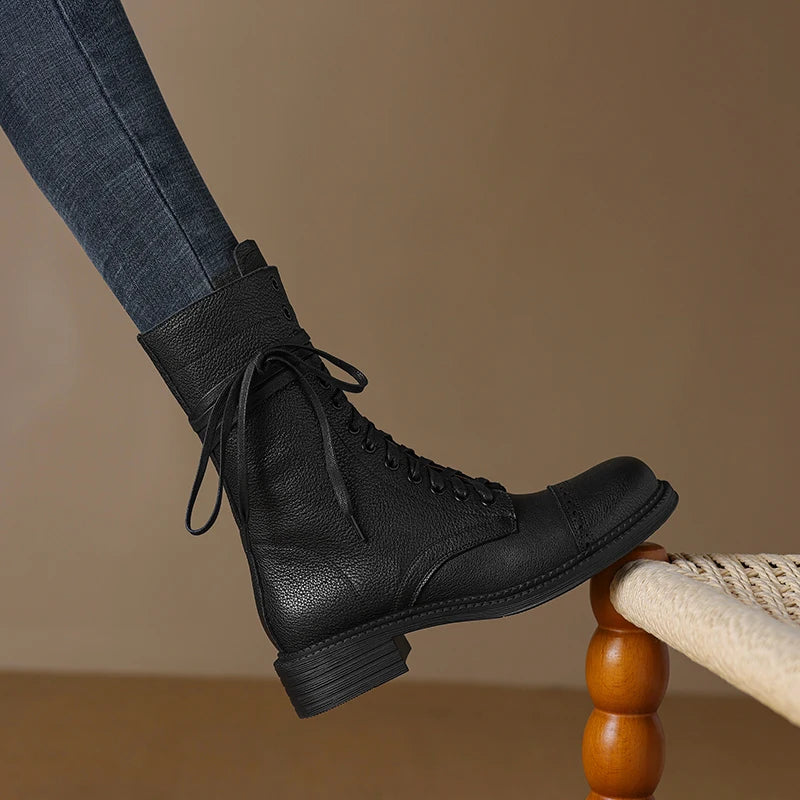 2025 New Autumn Winter Genuine Leather Women Shoes Lace-up Chelsea Women Boots Ankle Boots Chunky Boots Western Women Shoes