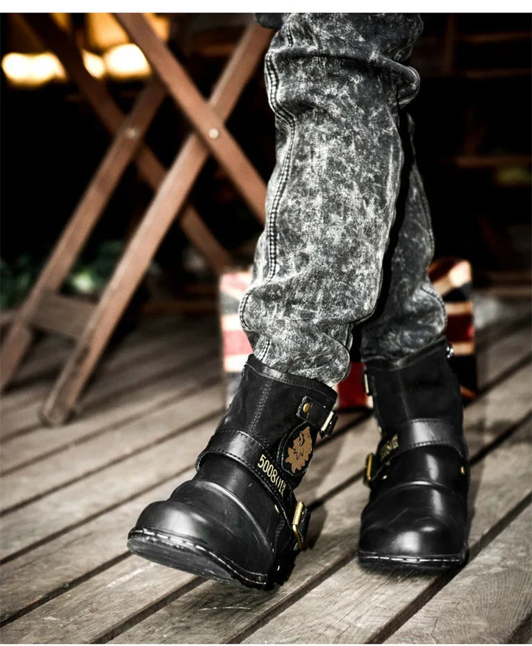 2025 New In Men Boots Luxury Handmade Men Ankle Boots Metal Buckle Zipper Motorcycle Boots Outdoor Plus Size 39-48 Punk Bottines