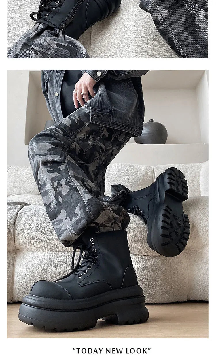 Black boots for men thick sole 7CM height increase high top motorcycle boots trendy and fashionable outdoor workwear shoes