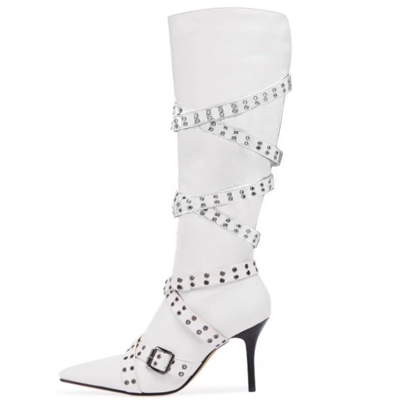 Brand Cross Strap Riveted Retro Silvery Knee High Boots New Spicy Girl Pointed High Heel Motorcycle Boots Fashion Women Shoes