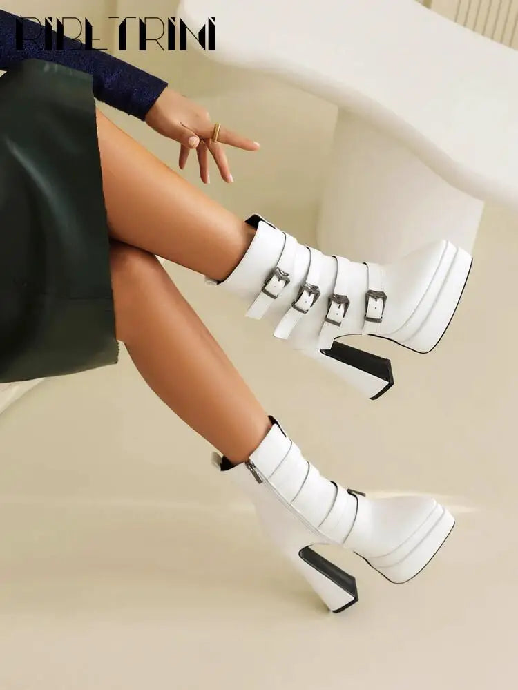 Platform Women Boots Pounted Toe High Heeled Double Platform Shoes Ankle Buckle Punk Goth Cool Fashion Brand Winter Boots Woman