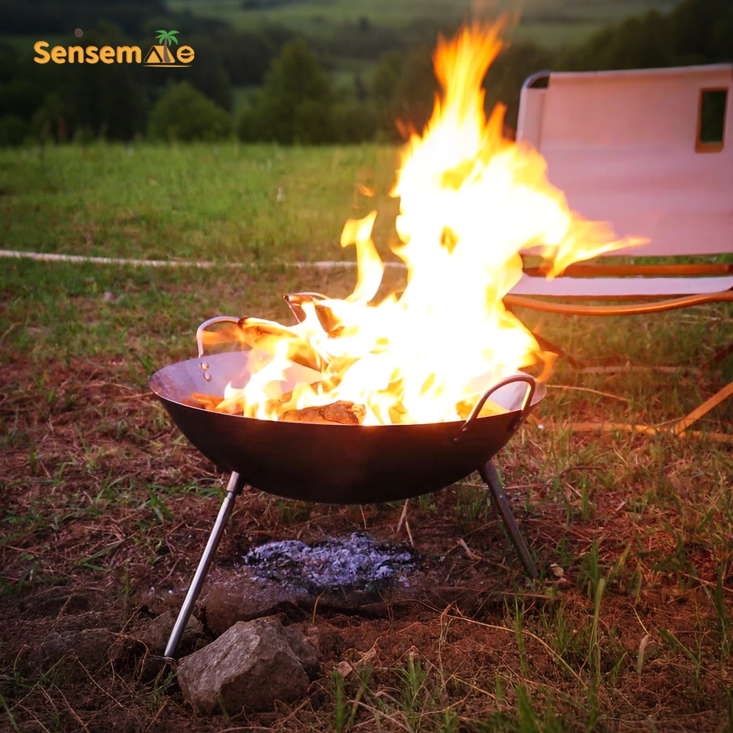 Tripod Fire Pit Grill Wood Burning Cooking Pot Detachable Legs Foldable Camping Charcoal BBQ Stove Heating Outdoor Garden Beach