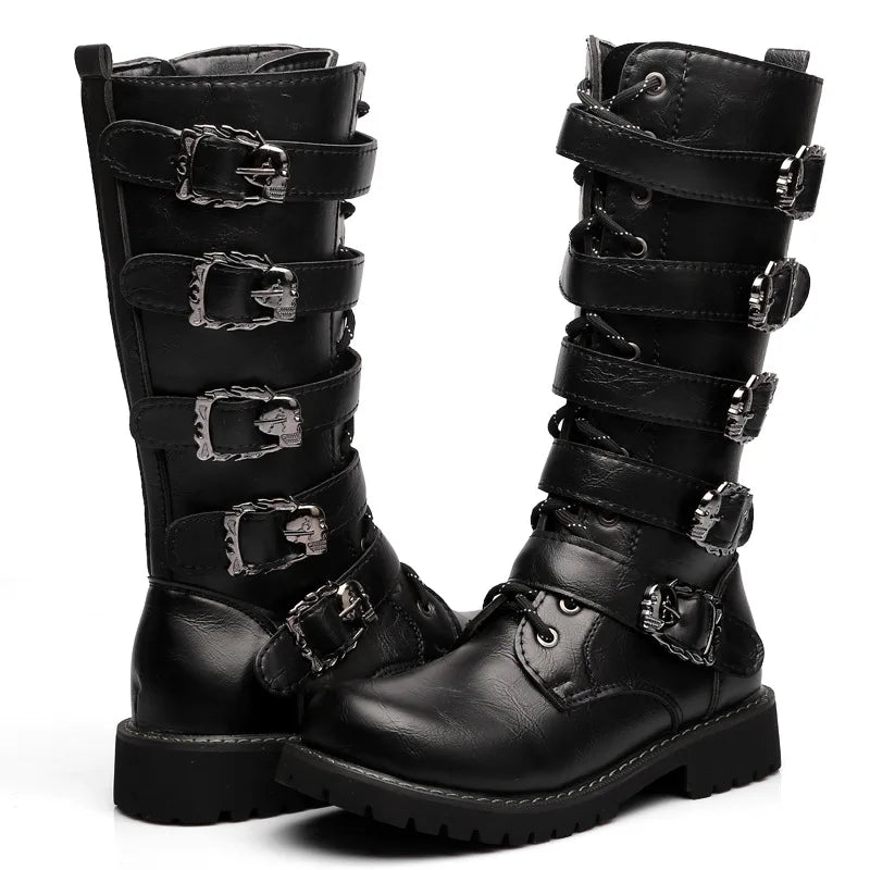 Men Winter Motorcycle Boots Mid-Calf Punk Rock Punk Shoes Mens PU Leather Black High Top Casual Boot Man Motorcycle Boots