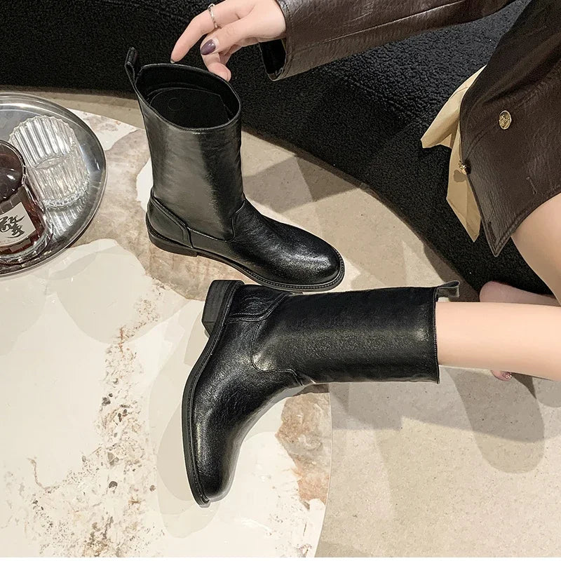 Autumn Winter Women Mid Calf Boots Female Round Toe Slip On Shoes Street Style Motorcycle Botas Mujer