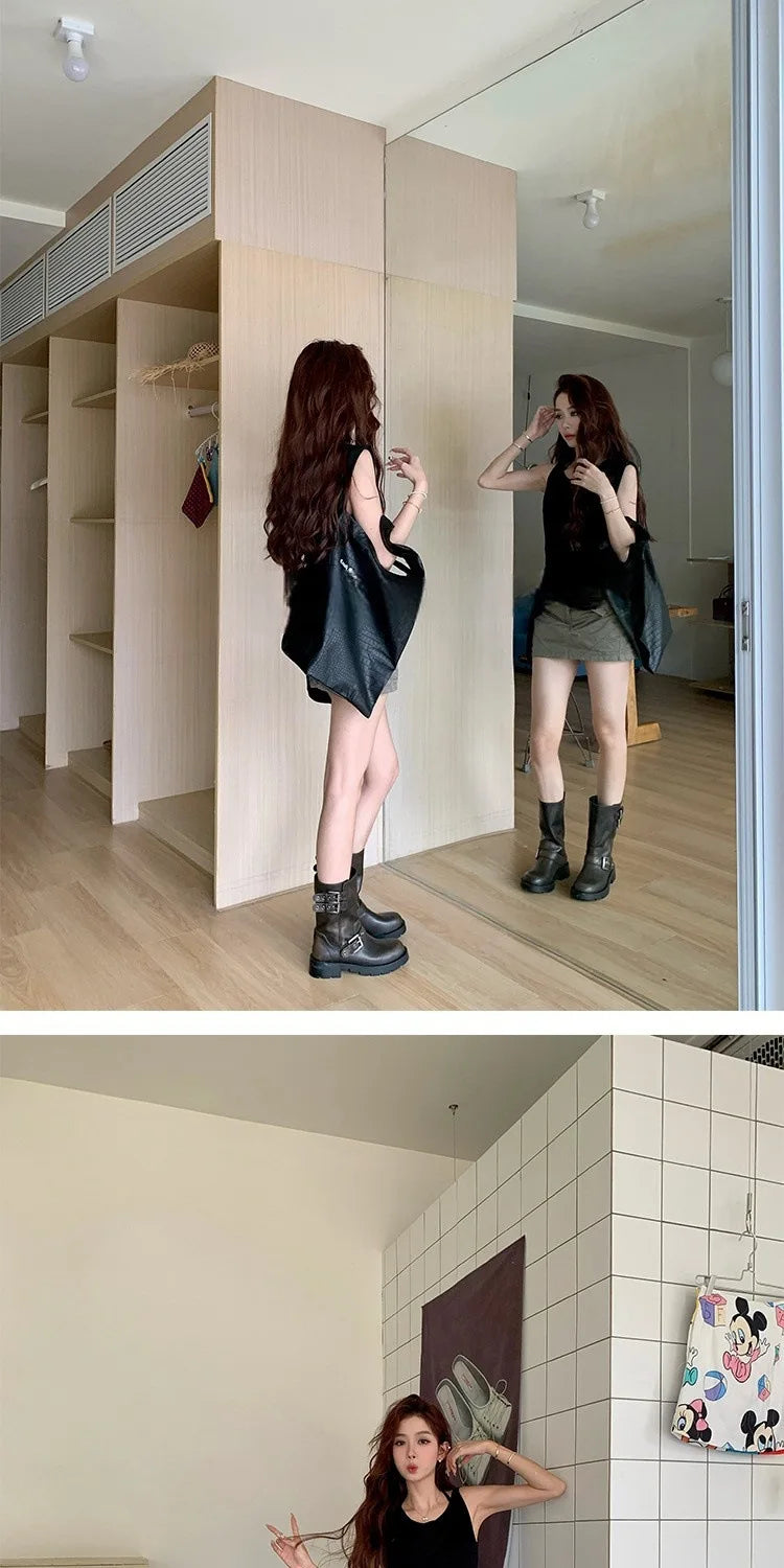 Spring and Autumn Women Boots Retro Platform Boots 2024 Round Toe Solid Color Low Heel Short Buckle Casual Women's Fashion Boots