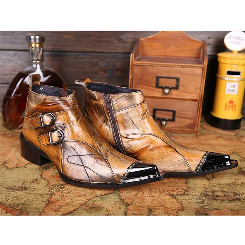 Western men's booties leather shoes pointy brown leather ankle boots men's zipper 6.5cm high heels motorcycle shoes