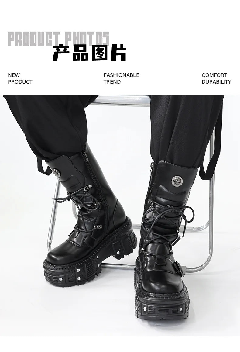 2025 Spring, Autumn and Autumn New Punk Style Women's Platform Spice Girls Metal Rock Motorcycle Fried Street Middle Boots Men