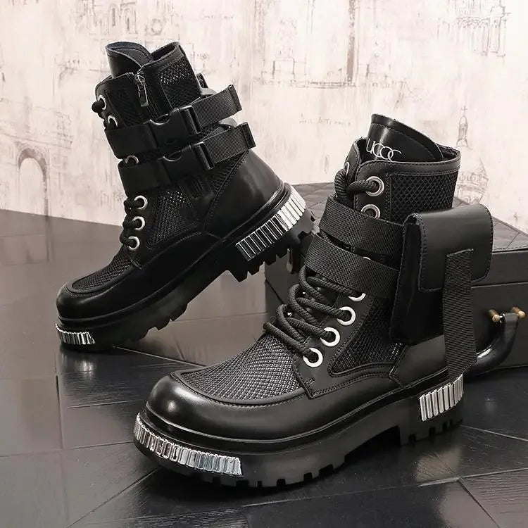 2025 New Men's Thin High-Top New Mid-Calf Motorcycle Height Increasing Insole Summer Ankle Boots Hollow out