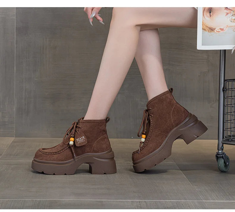 Fujin 8cm Platform Boots for Women Ankle Boots Fall Winter Riding Motorcycle Fashion Shoes Booties Short Boots Genuine Leather