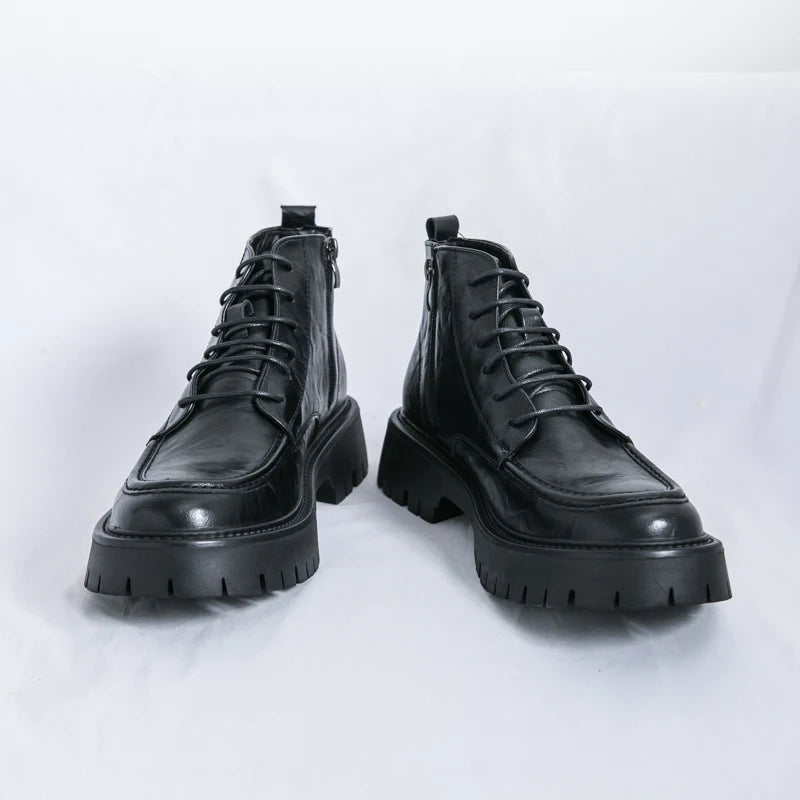 Fashion Men's Genuine Leather Casual Shoes Classic Outdoor Workwear Shoes Men's Motorcycle Boots Handsome Height Increasing