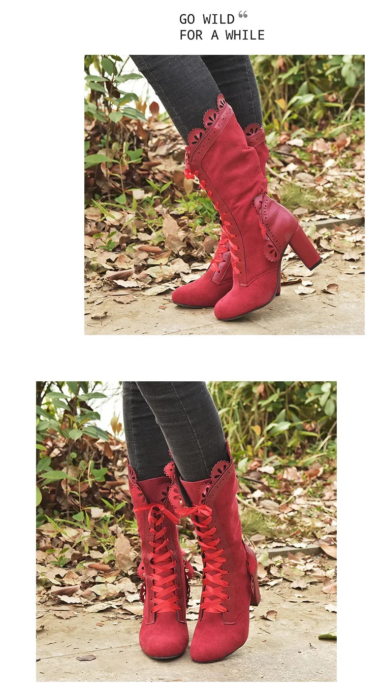 Women Lace Women's High Heel Middle Tube Boots Retro Leather Winter Shoes Booties Cowboy