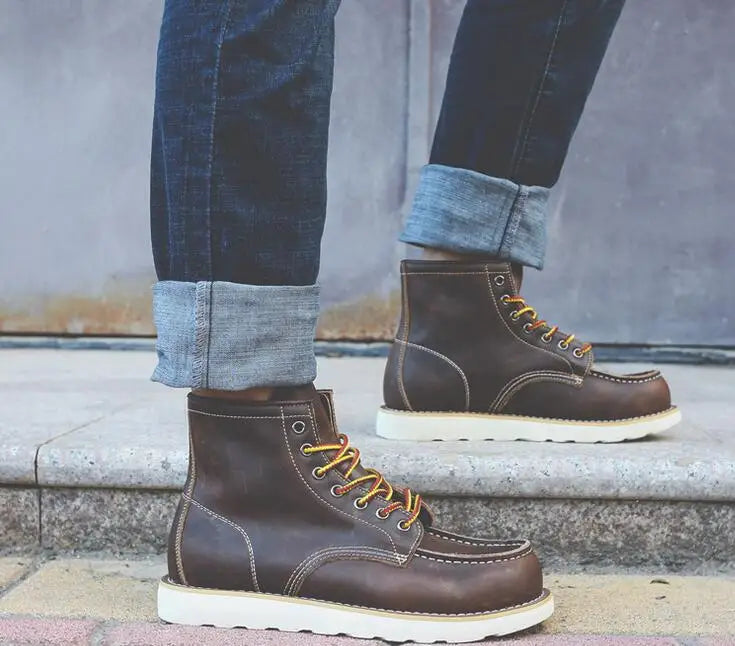 2025 New Spring Round Toe Men Boots Casual Design Boots Vintage Fashion Motorcycle Boots Crazy Brown Boots a055