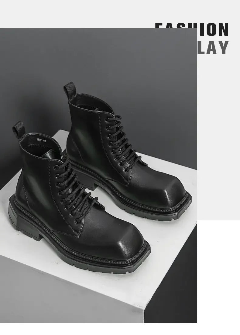 Large Men's Autumn High Top Casual British Motorcycle Shoes, Retro Trendy Brand Height Increasing Big Head Leather Boots