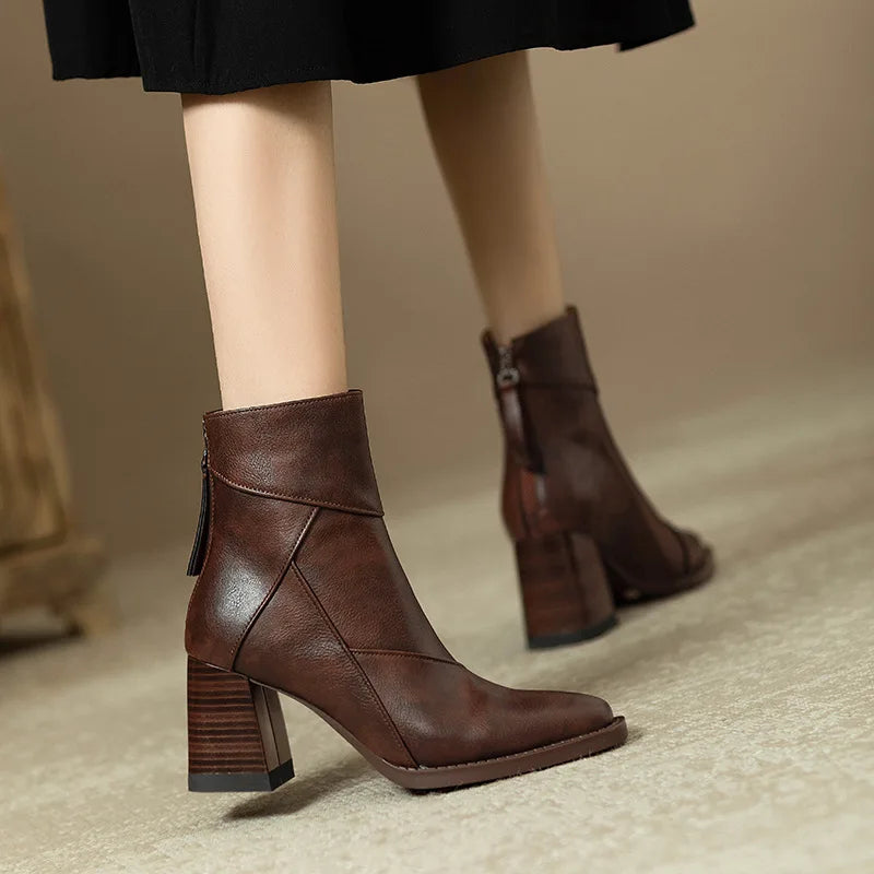 Woman Chunky Ankle Boots Women Zipper Retro Brown Soft Leather Short Boot Autumn New Square Toe Casual High Heel Booties Mujer