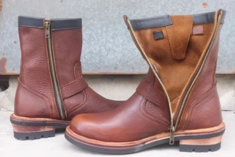 Vintage Mens Cowhide Genuine Leather High Top Engineer Boots Buckle Round Toe Motorcycle Riding Boots Zipper Work Safety Shoes