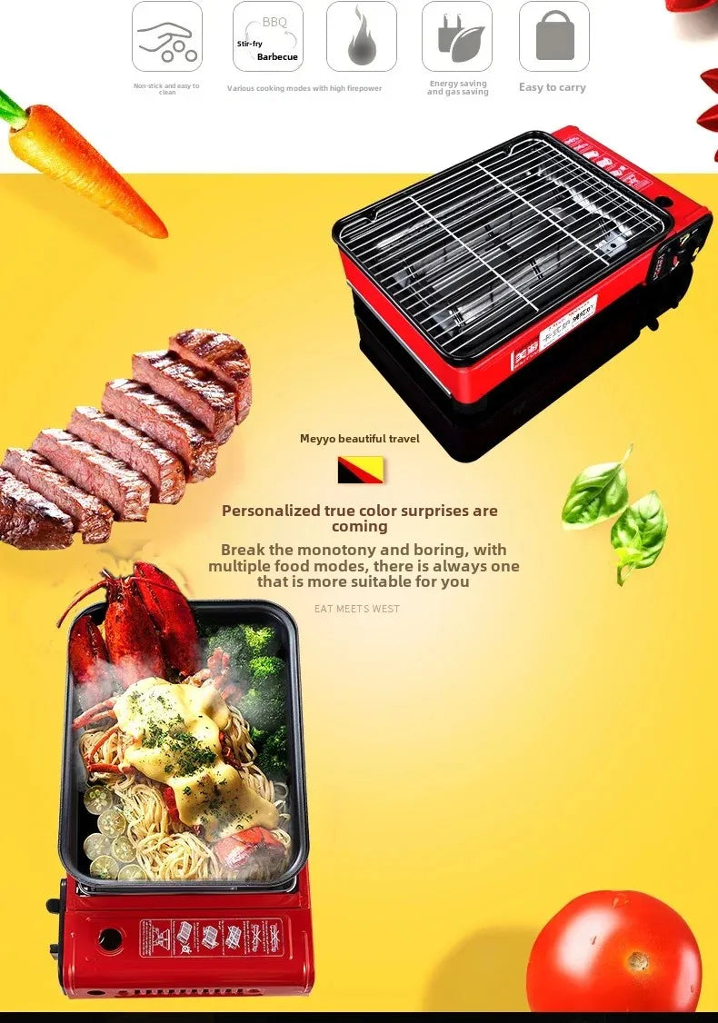Portable Barbecue Stove, Smokeless Grill, Dual-Purpose Gas Oven for Outdoor Use, Compact Cooking Unit, Korean Style