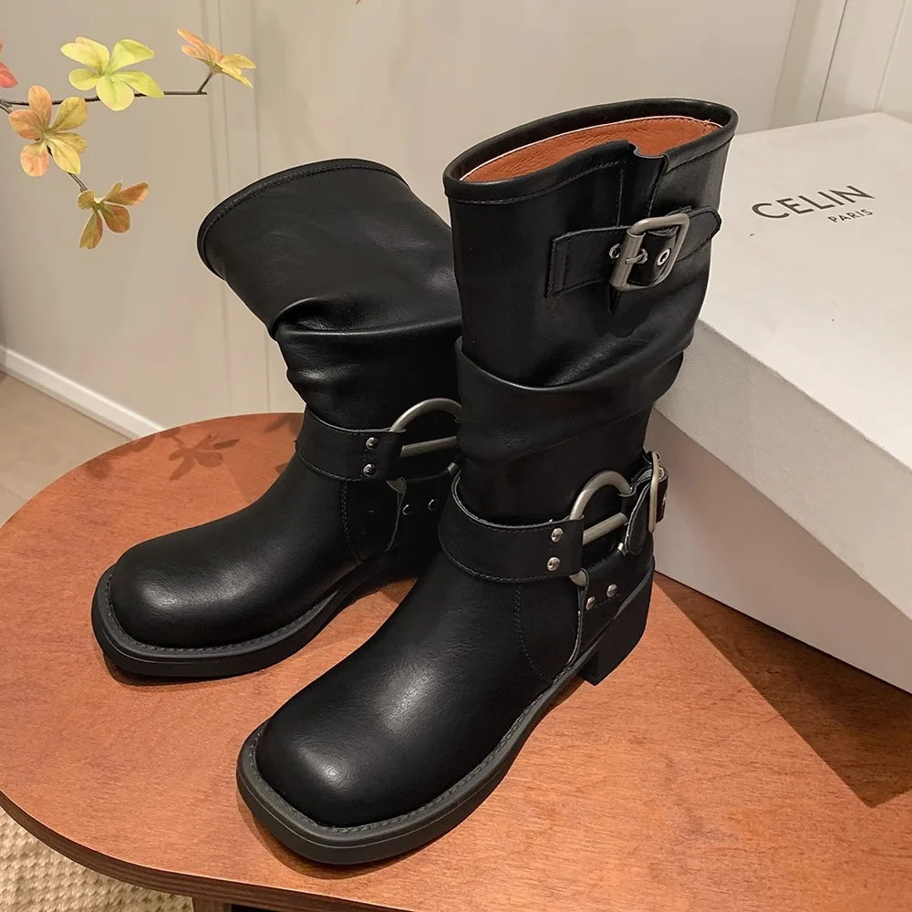 Fashion Buckle Motorcycle Boots Women Round Toe Med Heels Ankle Boots Woman 2024 Pu Leather Square Heel Autumn Platform Shoes