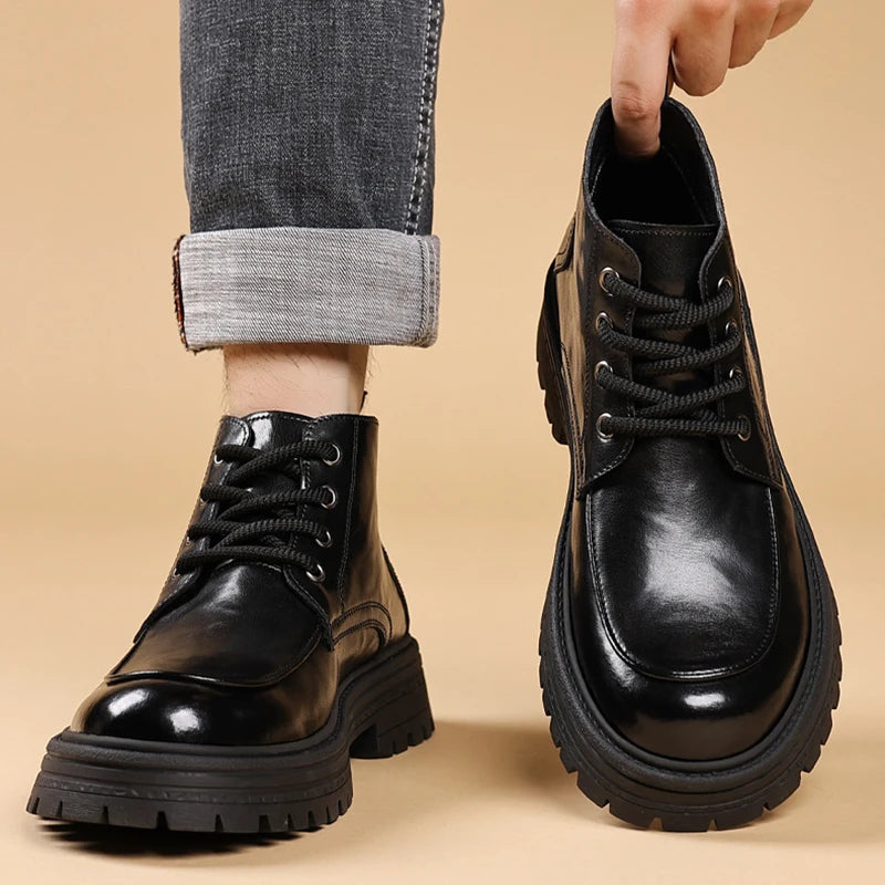 Outdoor Men High Top Leather Shoes Classic Black Leather Boots Motorcycle Breathable Riding Mid-calf Ankle Boots Warm Work Shoes