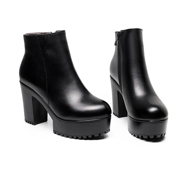 8cm 10cm Small Size 33-43 Thick Bottom Platform Shoes Ankle Boots with Fur 2024 Block High Heels Genuine Leather Boots Office