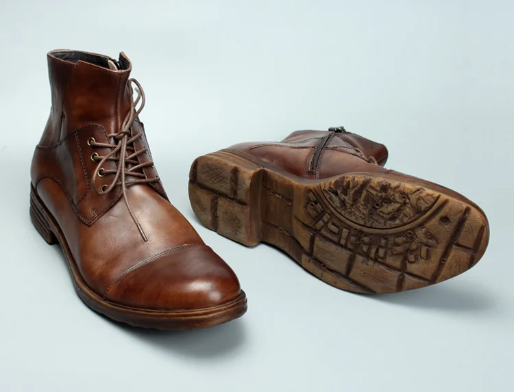 Vintage Mens Cowhide Genuine Leather Riding Ankle Boots Lace Up High Top Work Shoes Vintage Round Toe Autumn Moto Biker Boots