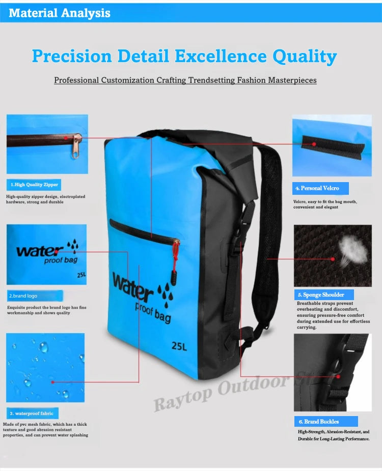 25L Foldable Hiking Bag Durable PVC Waterproof Rolltop Rucksack Backpack Abrasion-Resistant Shoulder Pack for Outdoor Adventures