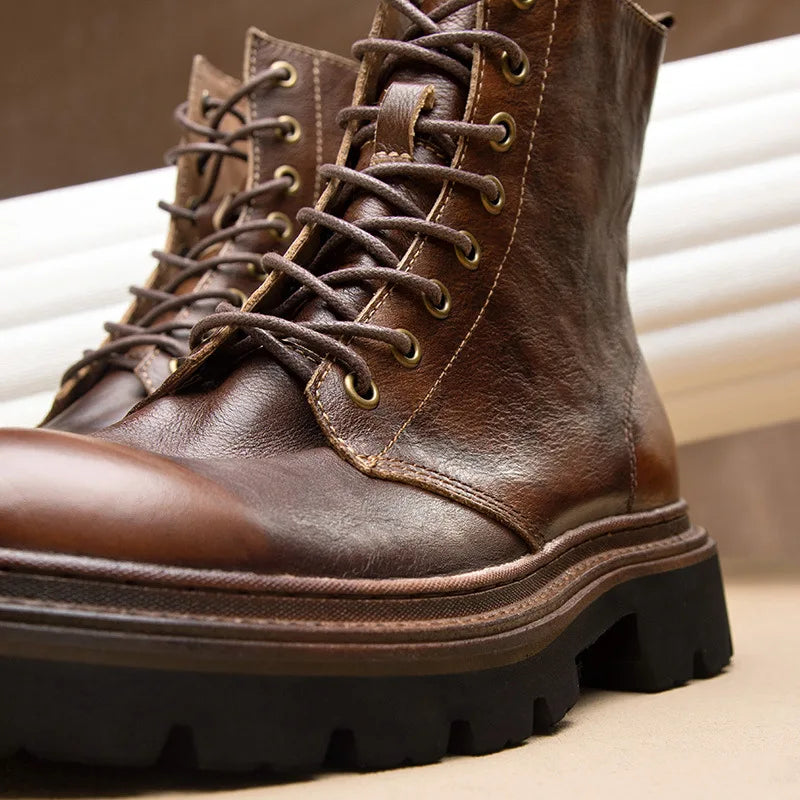 Motorcycle Boots Men Genuine Leather Retro Motorbike Ankle Boots Thick Soled Wear Resistant High Top Cowhide Shoes EU 38-44