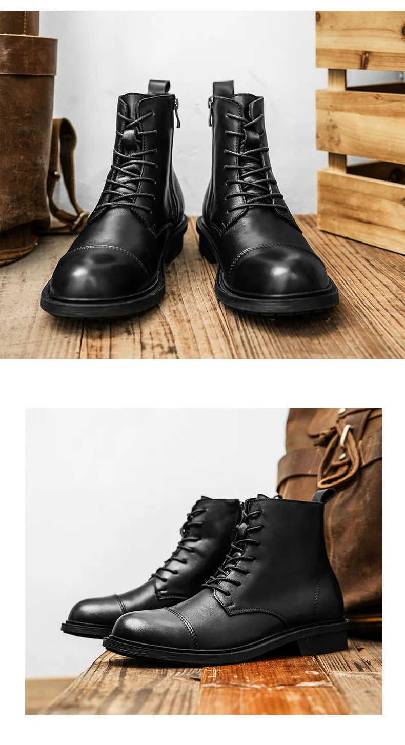 A047 New Men's Boots British High Calf Man Shoes Fashion Round Toe Ankle Boots Comfort Flats Shoes Leather Motorbike Shoe
