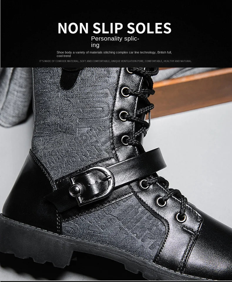 Retro Mid-Carf Punk Boots Winter Men's Plus Velvet Motorcycle Boots All-match Tooling Shoes Denim Mid-high Boots Men botas mujer