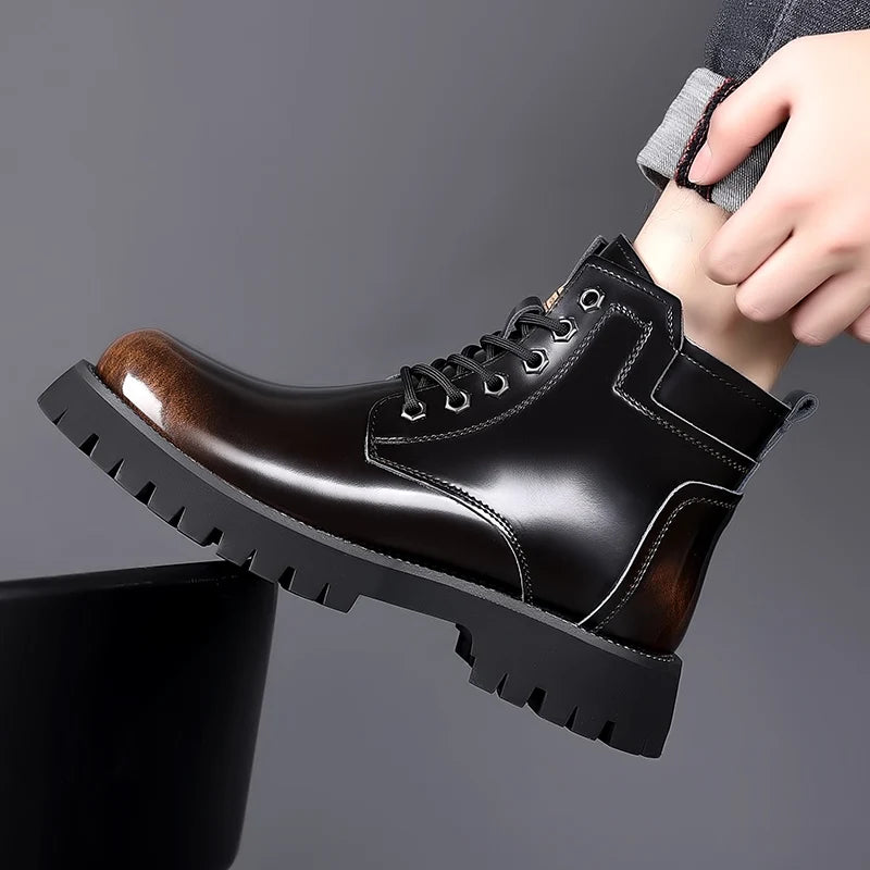 Hot Selling Men's Leather Boots Winter Thick Bottomed Work Boots British Style High Top Shoes Men's Retro Business Boots