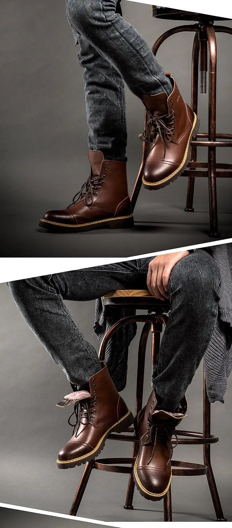 Genuine Leather Men's Boots Plush Warm Winter Boots High Quality Men Motorcycle Boots Fashion Tooling Shoes