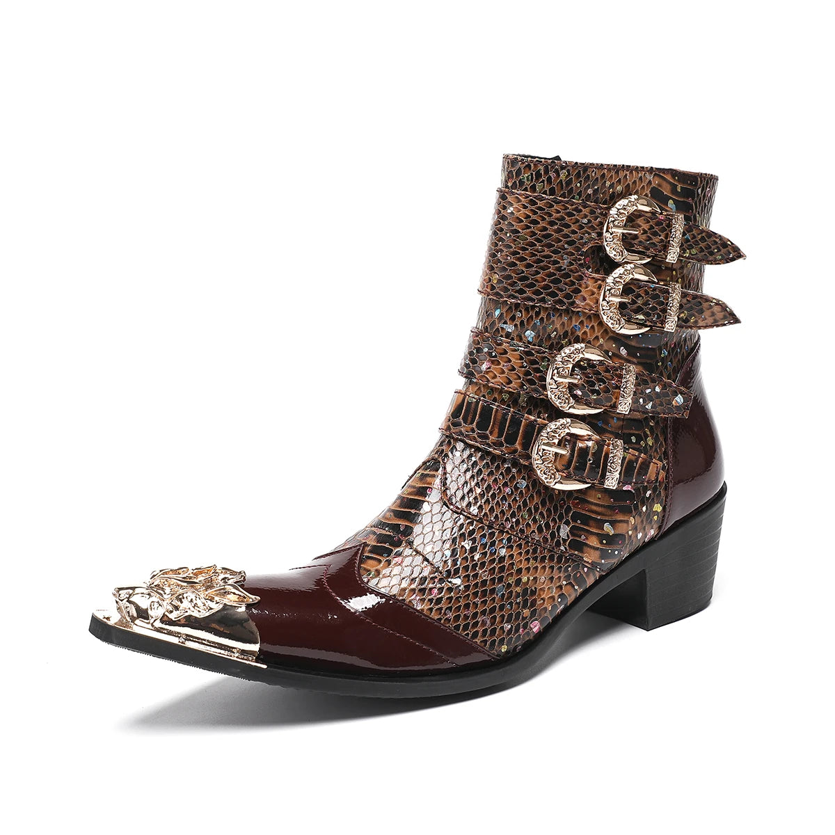 Botas British Metal Pointed Toe Short Boots Male Buckle Cowboy Boots Plus Size Shoes Men Genuine Leather Motorcycle Ankle Boots