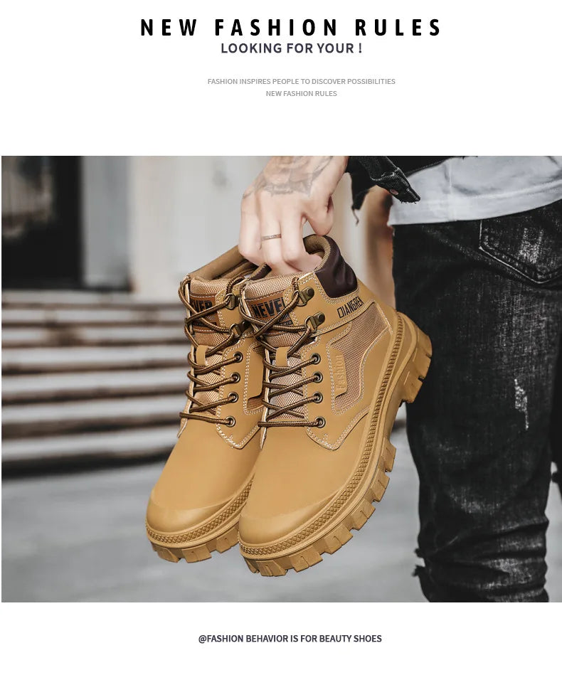 Men's Boots Fashion Motorcycle Ankle Boots High Top Casual Shoes for Men Lace Up Platform Boot Non Slip Hiking Boot Botas Hombre