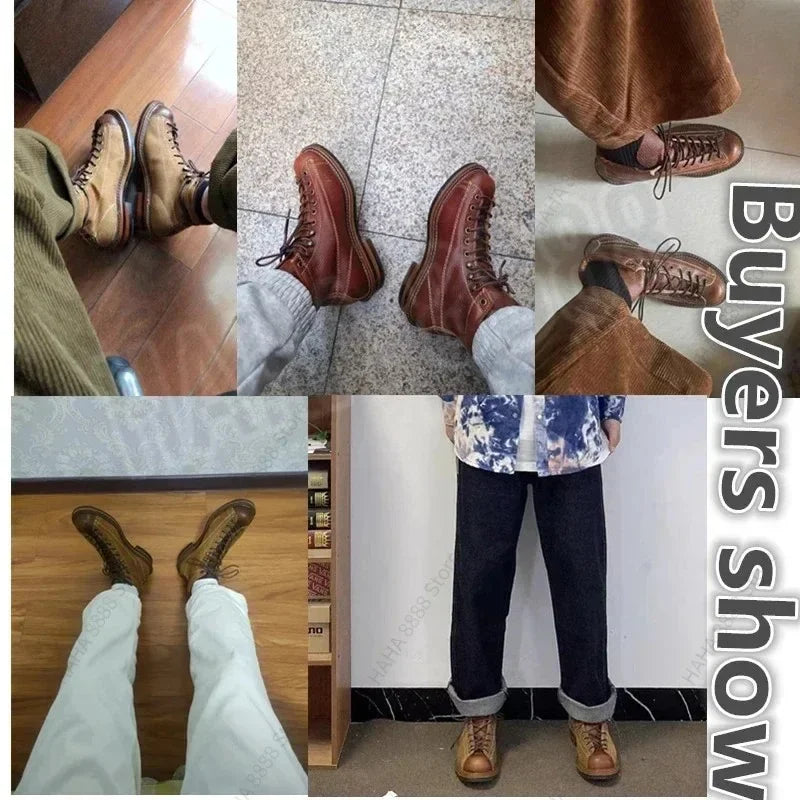 KOWM cowhide Hiking shoes men's trekking boot British ankle casual sneakers trekking shoes thick soled high top motorcycle boots