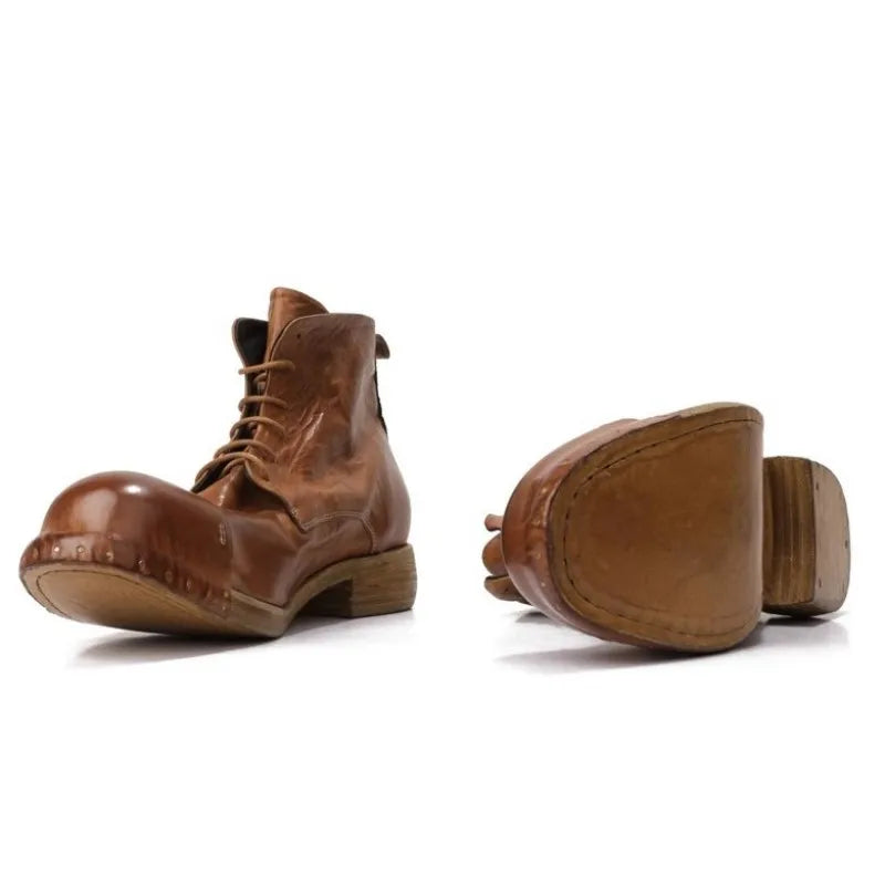 Retro Horsehide Genuine Leather Mens Boots Handmade Lace Up High Top Work Cargo Shoes High Quality Motorcycle Short Boots Male