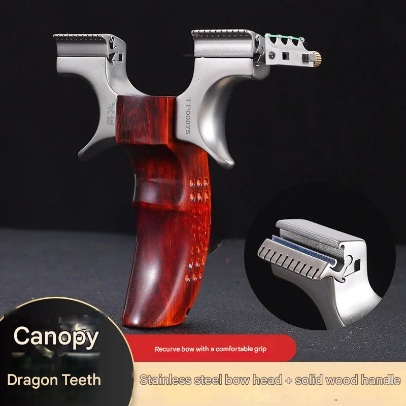 Powerful Stainless Steel Slingshot with Flat Rubber Band Outdoor Hunting and Shooting Combat Catapult with Wooden Handle