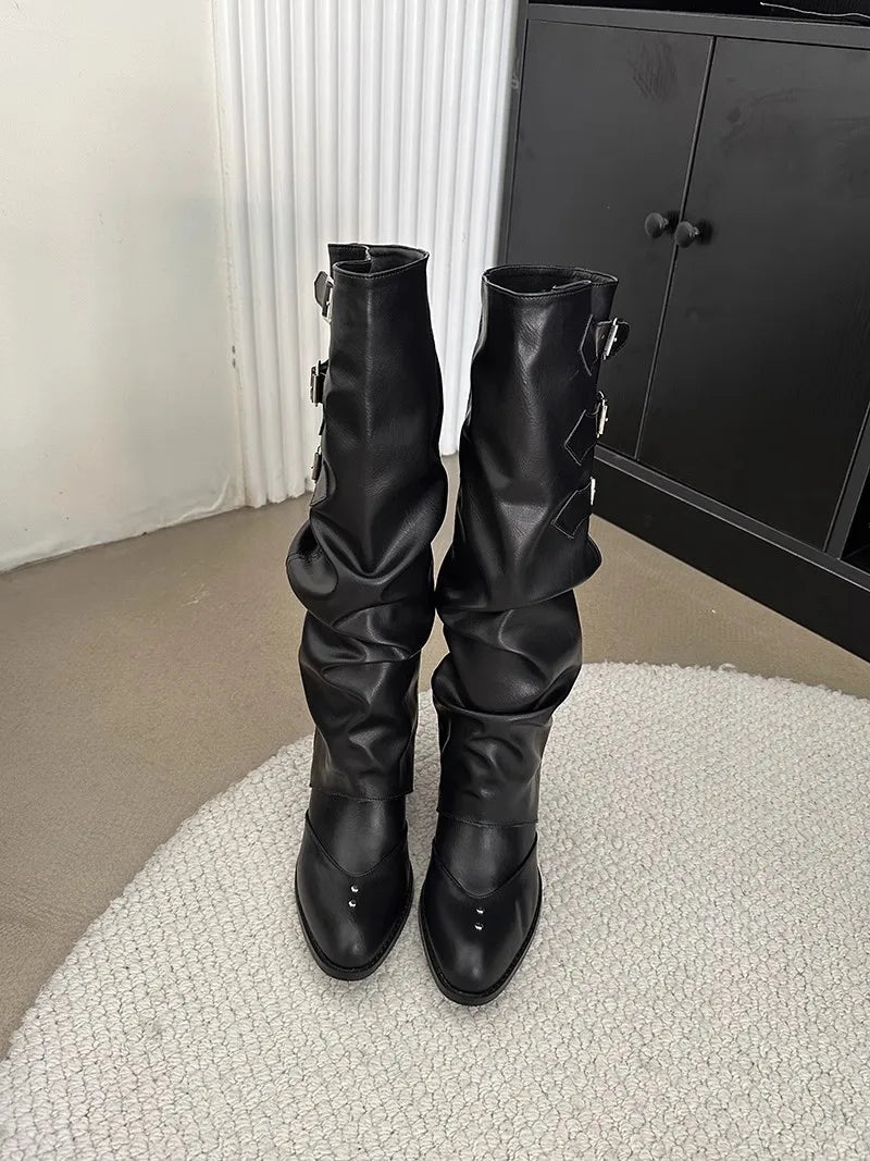 High Quality Wasteland Punk Y2k Gothic Style Vintage Motorcycles Western Boots for Women Black Rivets Knee High Boot Shoes