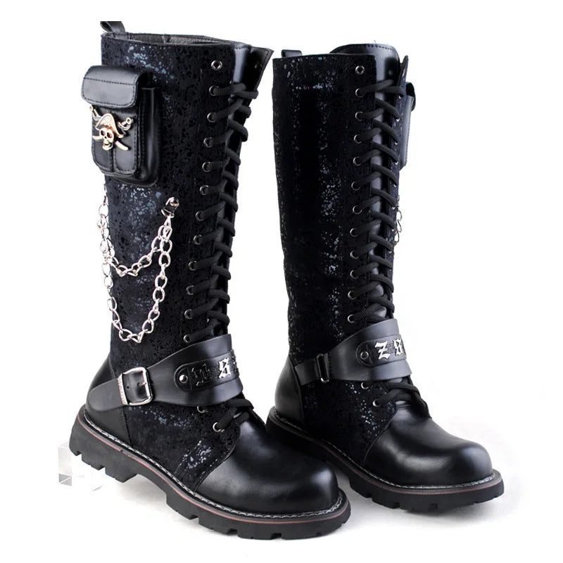 Men Motorcycle Boots  Knee High Boots Low Heels Knight Shoe man Vintage Boots male zapatos,Combat Boots Gothic Skull Punk Boots