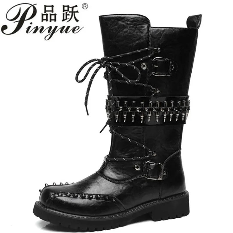 Round Toe Metal Decorations Belt Buckle men Boots Thick Sole Flats Black Zipper Fashion Punk Gothic  Equestrian Motocycle Boots