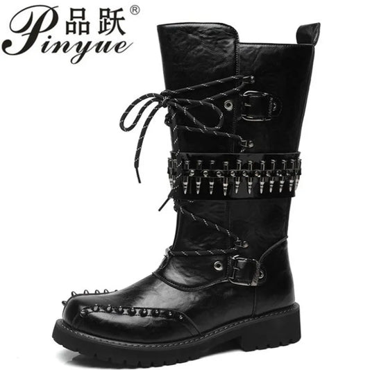 Round Toe Metal Decorations Belt Buckle men Boots Thick Sole Flats Black Zipper Fashion Punk Gothic  Equestrian Motocycle Boots