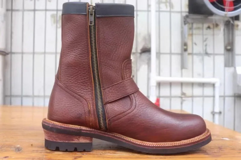 Vintage Mens Cowhide Genuine Leather High Top Engineer Boots Buckle Round Toe Motorcycle Riding Boots Zipper Work Safety Shoes