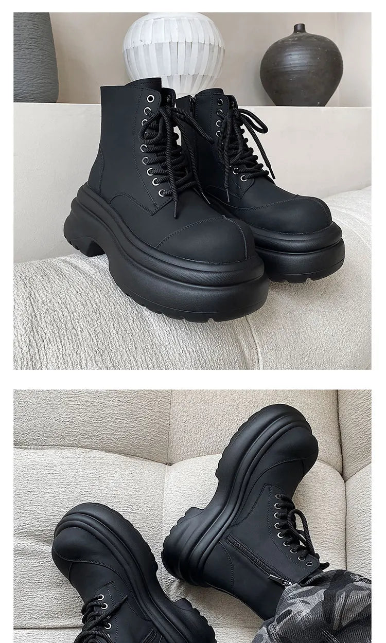 Black boots for men thick sole 7CM height increase high top motorcycle boots trendy and fashionable outdoor workwear shoes