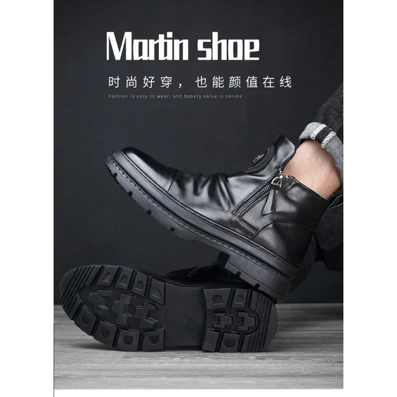 Men's Motorcycle Leather Boots British Style Round Head High Top Shoes Side Zip Walking Casual Platform Boots Bota Masculina
