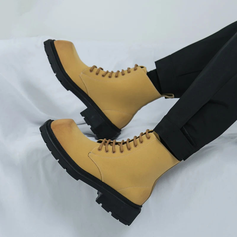 Large Men's Autumn High Top Casual British Motorcycle Shoes, Retro Trendy Brand Height Increasing Big Head Leather Boots