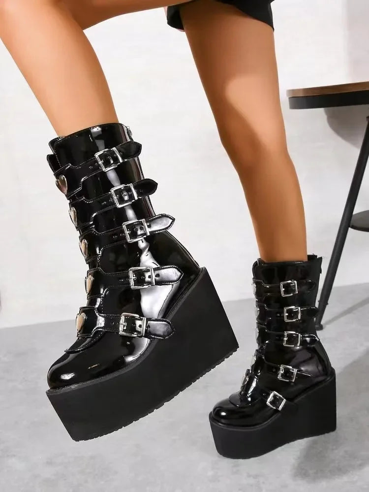 Brand Fashion Gothic Street Cool  Woman Boots Wedges Buckles Big Size 43 Glittered Pink Chunky Platform Motorcycles Boots Women